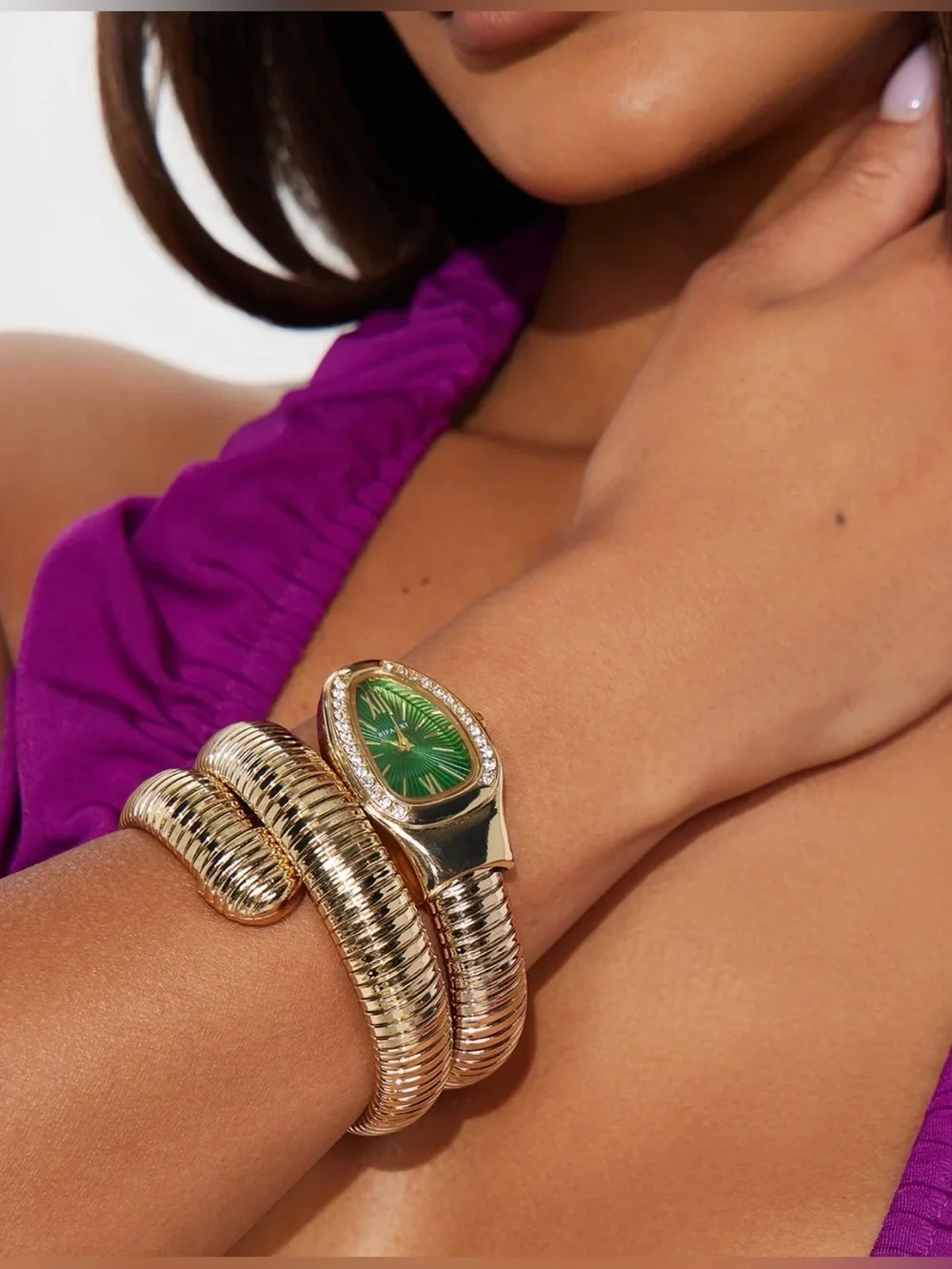 Serpentine Snake Gold Bracelet Watch with Green Dial